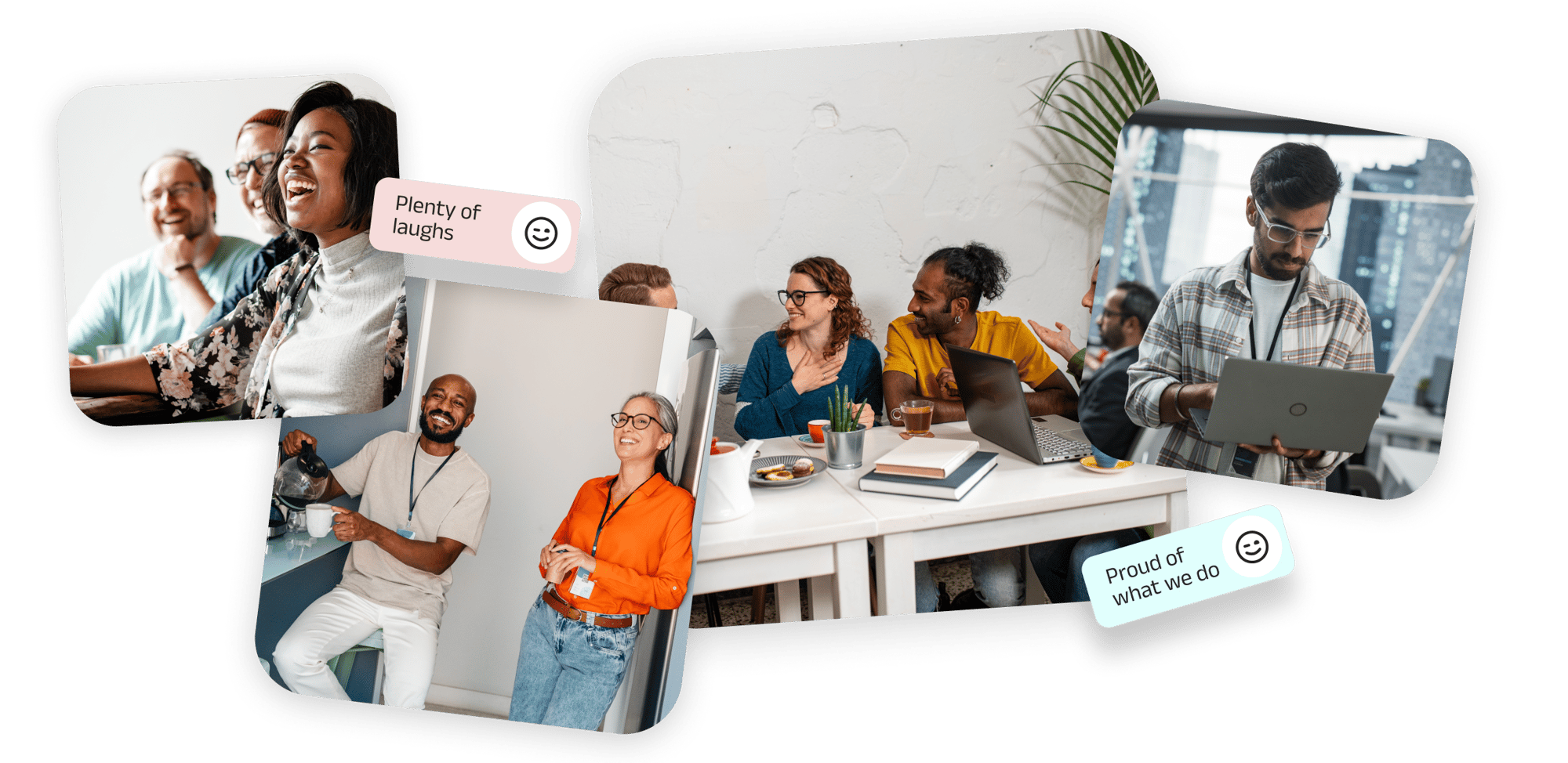 People working and socialising together in an office setting, shown laughing, collaborating, and using laptops, representing a positive and inclusive workplace culture.