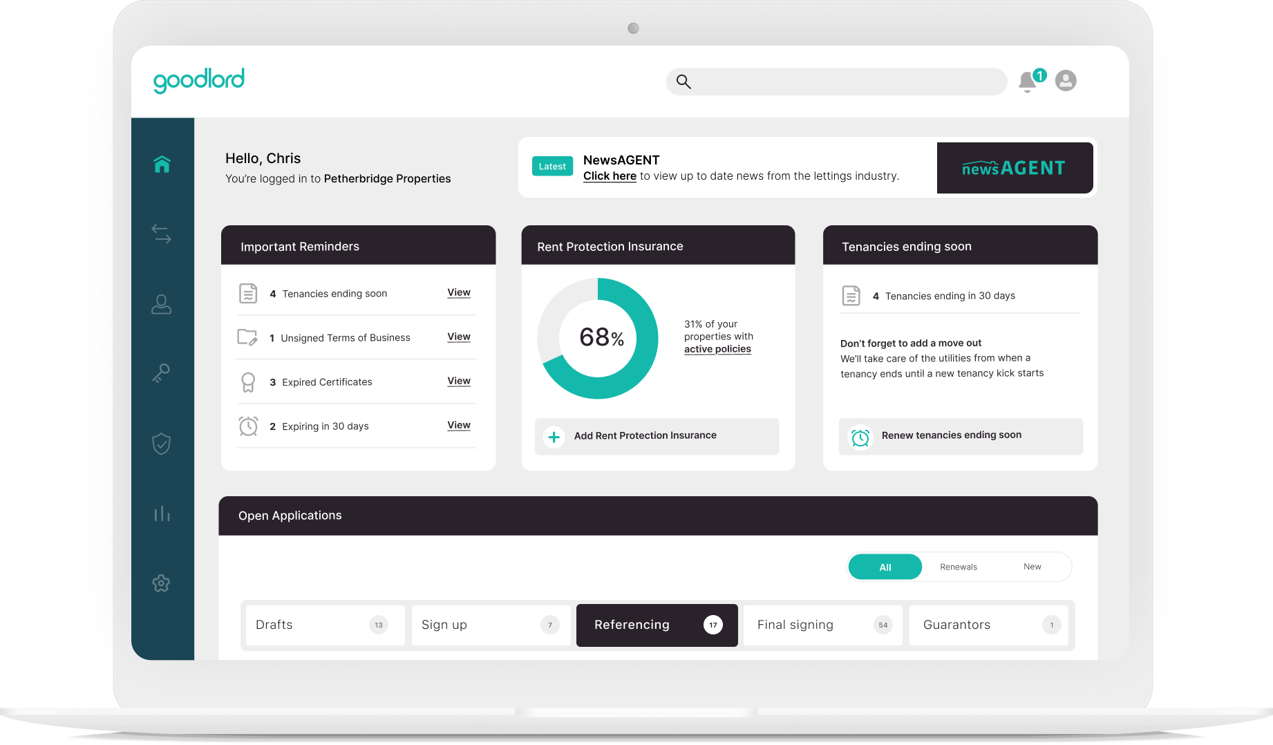 Goodlord agent dashboard displayed on a laptop, showing important reminders, rent protection coverage, tenancies ending soon, and application progress across key stages.