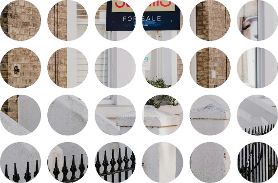 A photo of a house front seen through a grid of circular cut-outs, showing brick walls, white pillars and steps, black iron railings, and a “For Sale” sign at the top.
