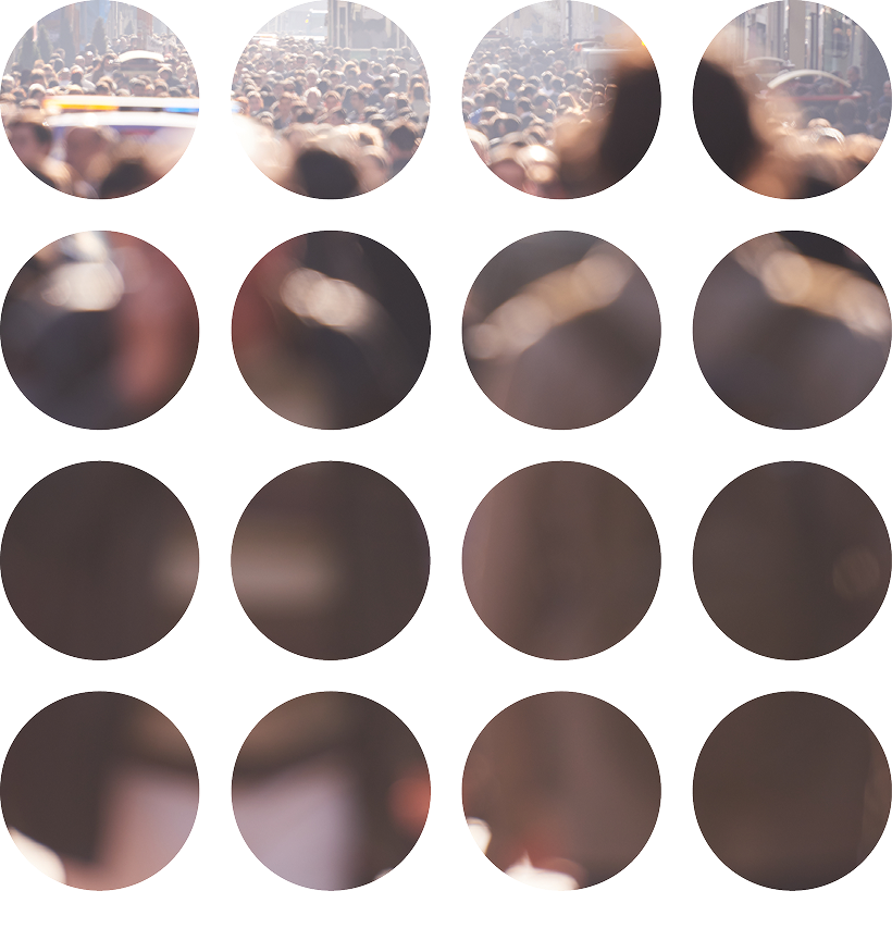 A photo of a busy crowded street seen through a grid of circular cut-outs, with a dense crowd in focus at the top and blurred figures in the foreground below.