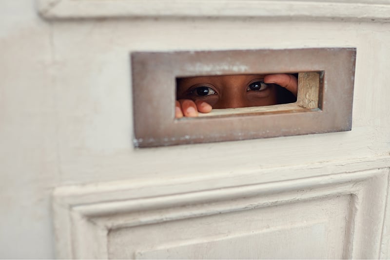 A person’s eyes and fingertips peering out through the open letterbox of a white front door.