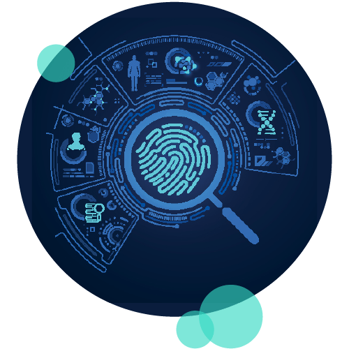 Futuristic digital illustration of a fingerprint under a magnifying glass at the centre of a circular interface, surrounded by biometric, genetic, and technological data visuals, representing identity verification. Futuristic digital illustration of a fingerprint under a magnifying glass at the centre of a circular interface, surrounded by biometric, genetic, and technological data visuals, representing identity verification.
