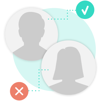 Illustration showing two generic profile silhouettes, one male and one female, with dotted lines connecting them to symbols; the male figure is linked to a green check mark and the female figure to a red cross, indicating approval and rejection respectively.