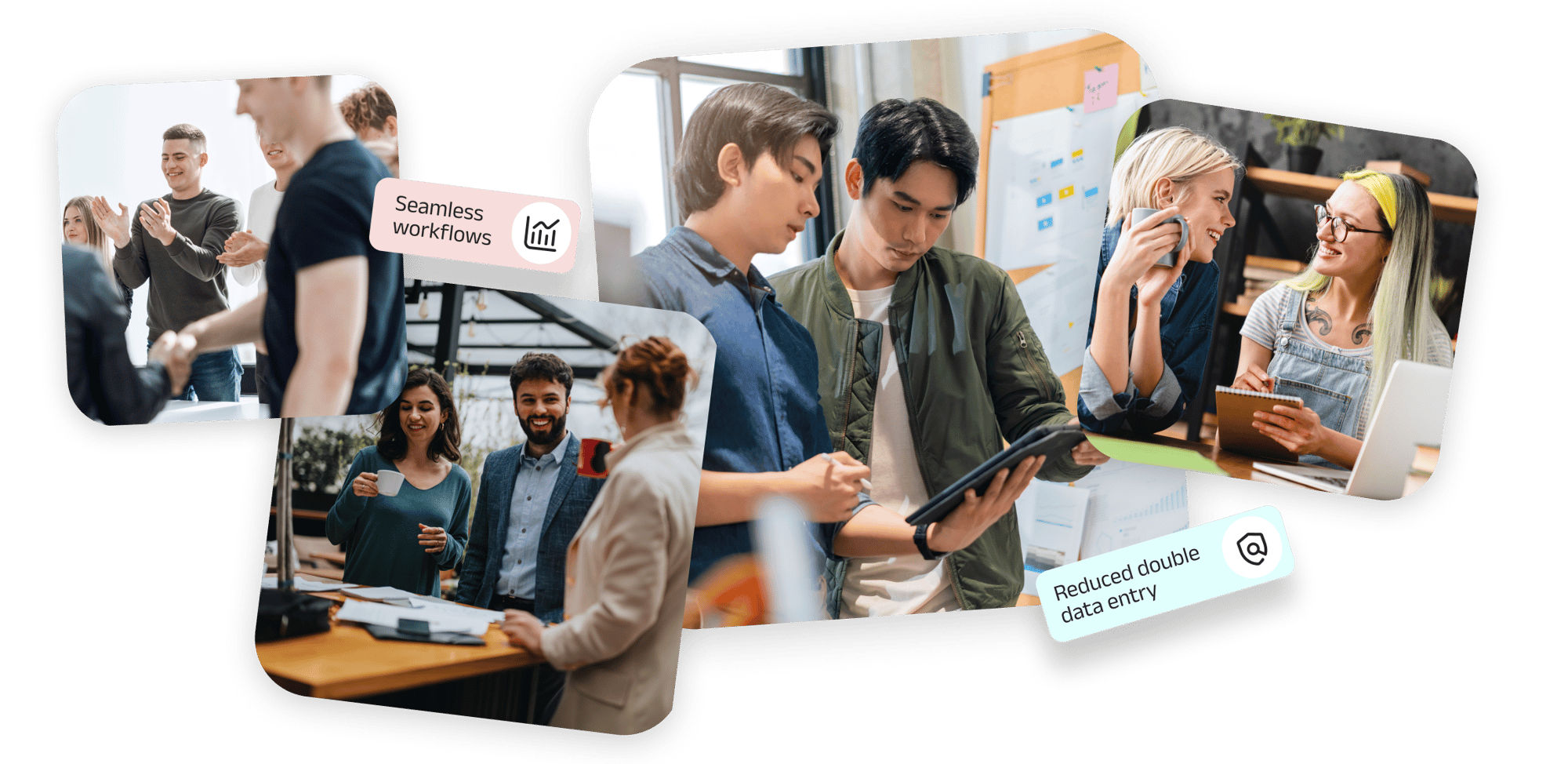 People collaborating in a workplace, shown discussing tasks, reviewing information on tablets and laptops, and working together to illustrate seamless workflows and reduced data entry.