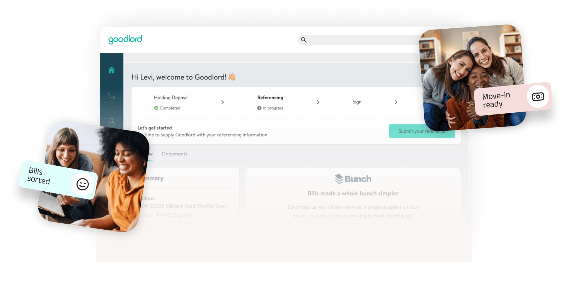 Goodlord tenant dashboard showing referencing progress, document status, and move-in readiness, alongside images indicating bills sorted and a completed move-in process.