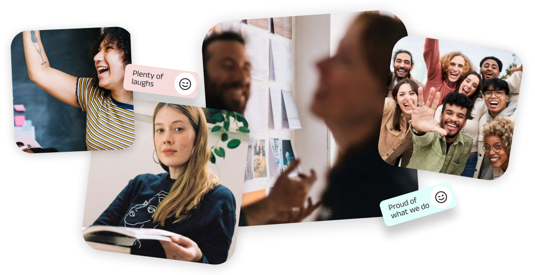 Group of people collaborating and celebrating together, shown smiling, laughing, and working in a team environment, representing a positive and inclusive workplace culture.