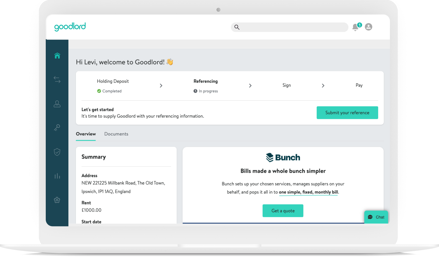 Goodlord tenant dashboard displayed on a laptop, showing referencing progress, holding deposit completed, and steps to submit referencing information, with bills management options visible.