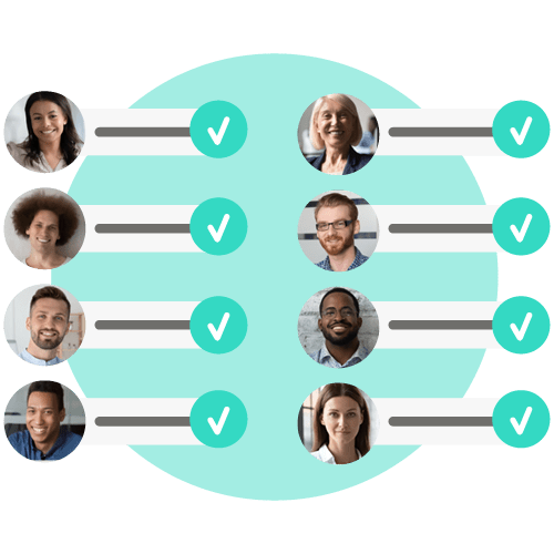 Grid of eight diverse people with checkmarks next to each profile, indicating peps and sanctions checks completion. Each person is shown in a circular photo with a horizontal bar and a green checkmark icon to depict passing a sanctions check.