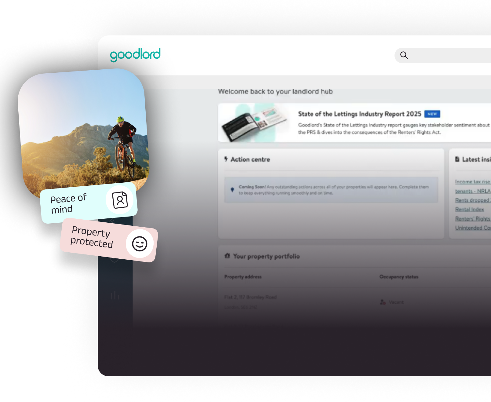 Goodlord landlord hub dashboard showing portfolio overview, action centre, and industry insights, alongside an image representing peace of mind and property protection.