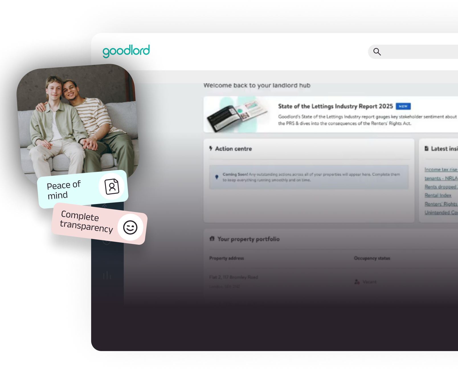 Goodlord landlord hub dashboard showing portfolio overview, action centre, and industry insights, alongside an image highlighting peace of mind and complete transparency.