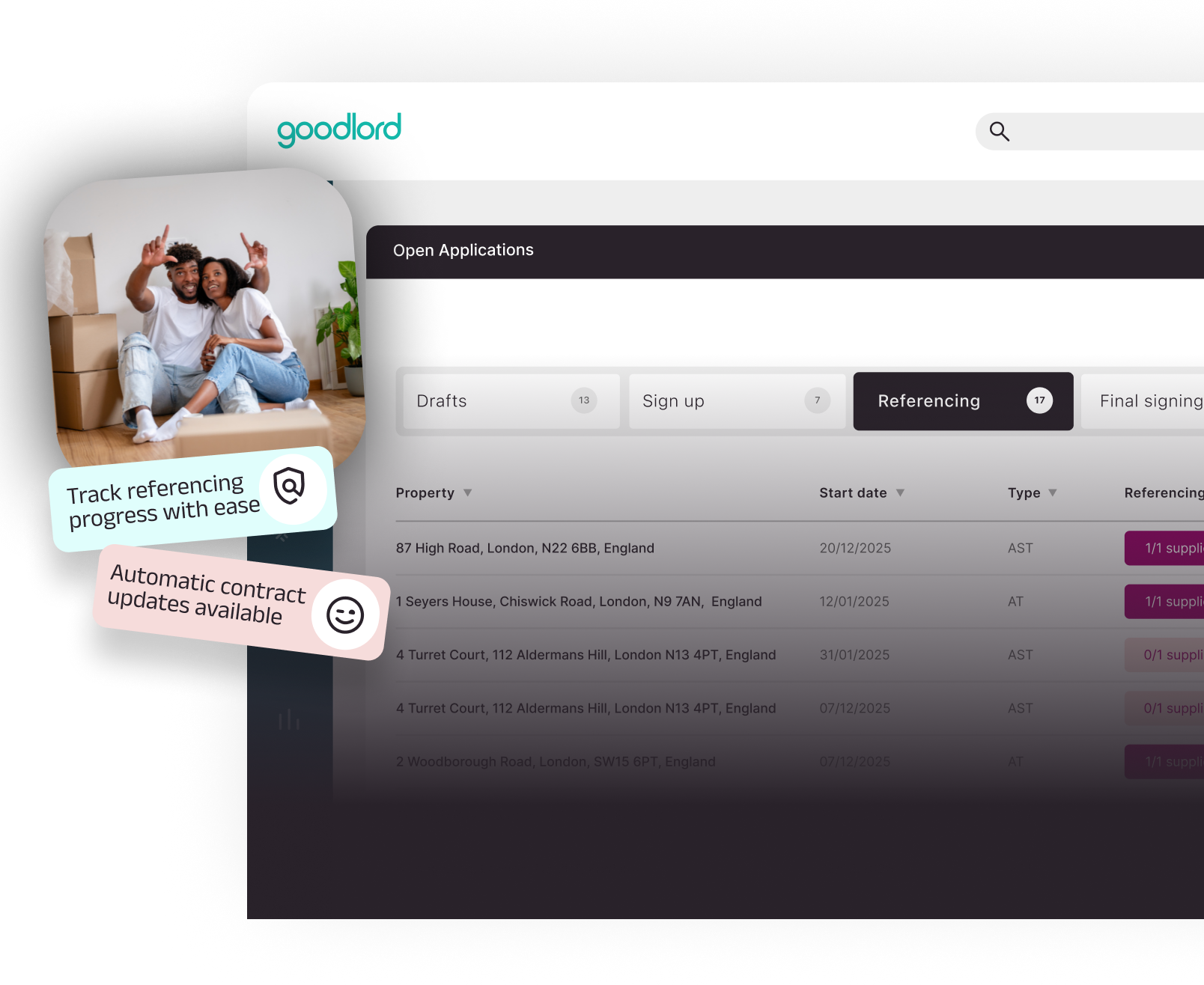 Screenshot of the Goodlord web app showing the Open Applications section with the Referencing stage selected. A table lists properties with start dates, application types, and referencing status. On the left, a decorative image shows a couple sitting among moving boxes, with overlay labels reading Track referencing progress with ease and Automatic contract updates available. The Goodlord logo and top navigation bar are visible.