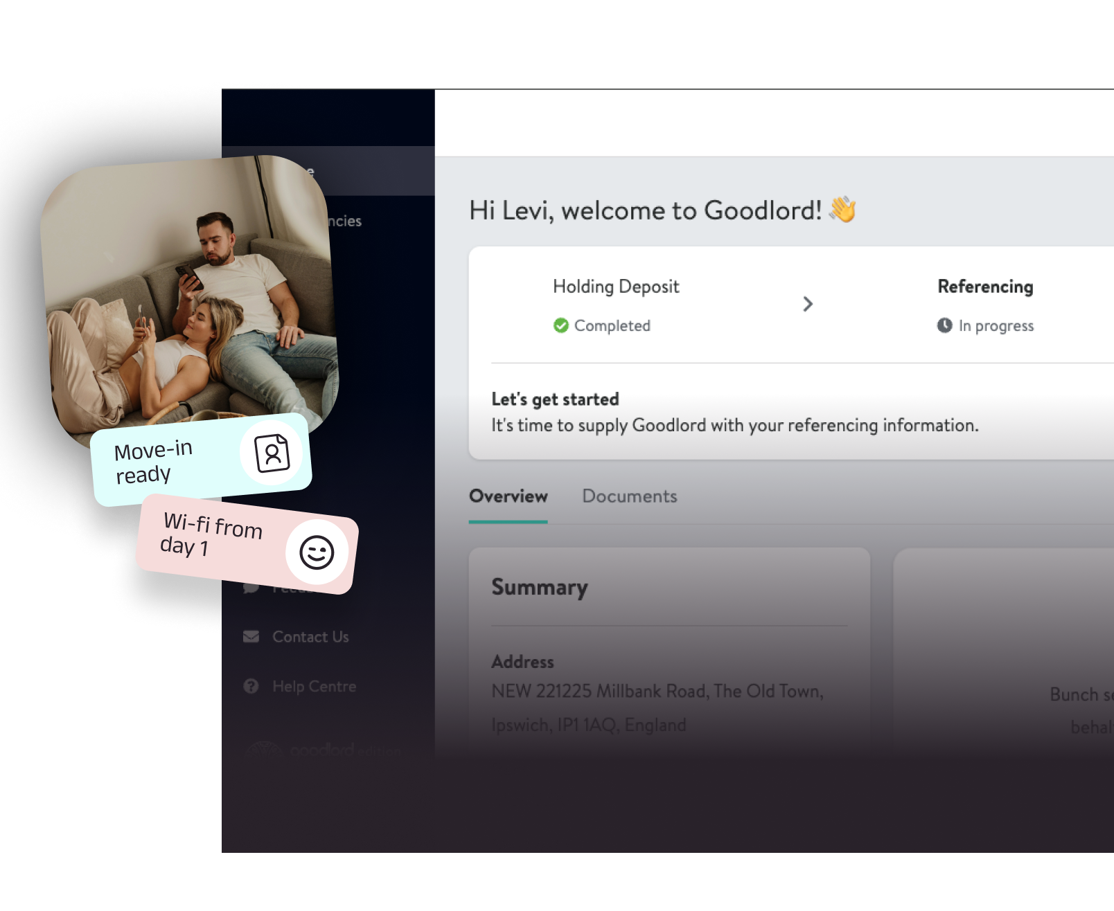 Goodlord tenant dashboard showing holding deposit completed and referencing in progress, alongside an image indicating move-in readiness and internet access available from day one.