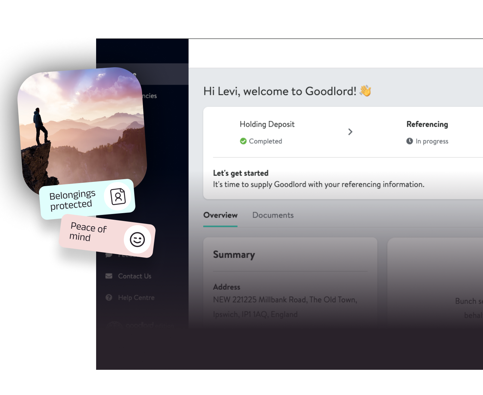 Goodlord tenant dashboard showing holding deposit completed and referencing in progress, alongside an image indicating protected belongings and peace of mind. Goodlord tenant dashboard showing holding deposit completed and referencing in progress, alongside an image indicating protected belongings and peace of mind.