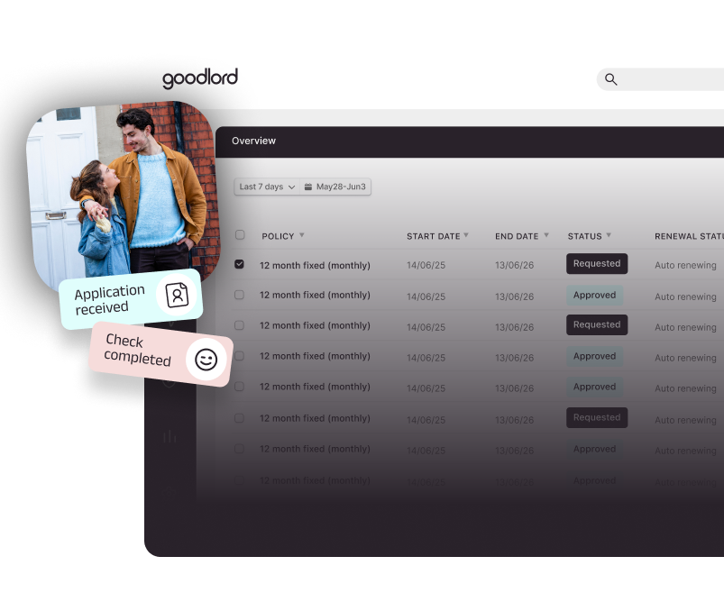 Goodlord dashboard displaying tenancy applications with referencing statuses, alongside notifications reading ‘Application received’ and ‘Check completed’.