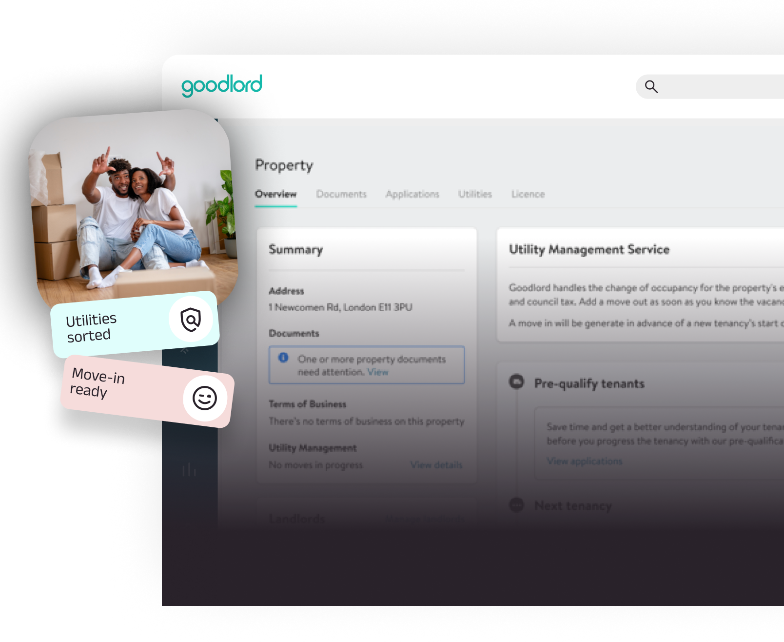 Goodlord property management dashboard showing a property overview and utility management service, alongside a photo of tenants moving in with labels indicating utilities sorted and move-in readiness.