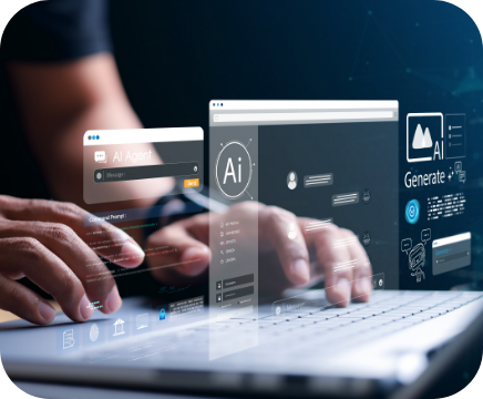 Hands typing on a keyboard with floating digital interface screens showing AI tools and chat windows.